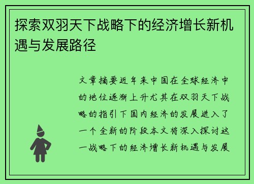 探索双羽天下战略下的经济增长新机遇与发展路径